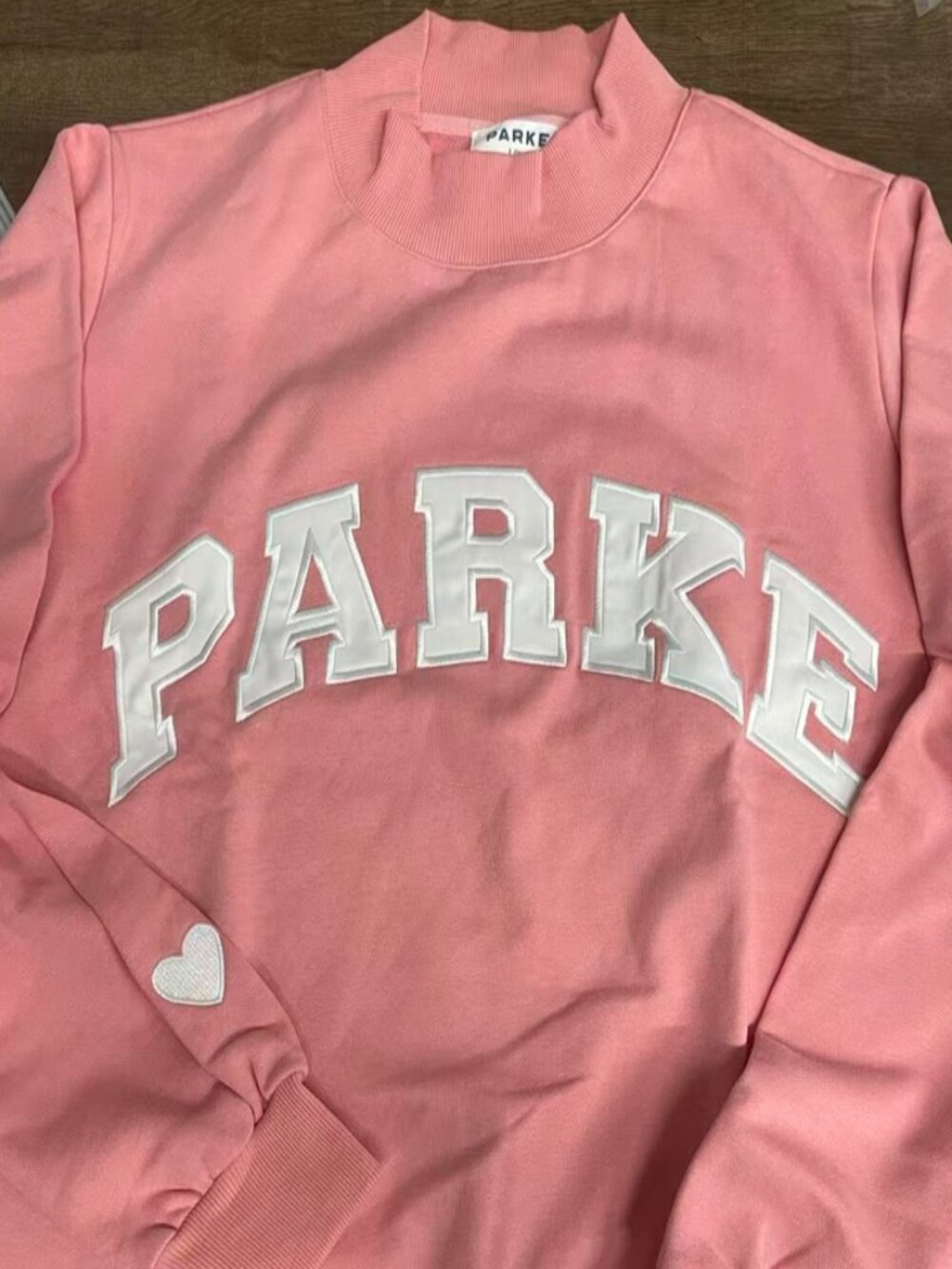 PARKE Pink Mock Neck Crewneck Sweatshirt White Varsity Letter Patch Heart Cuff